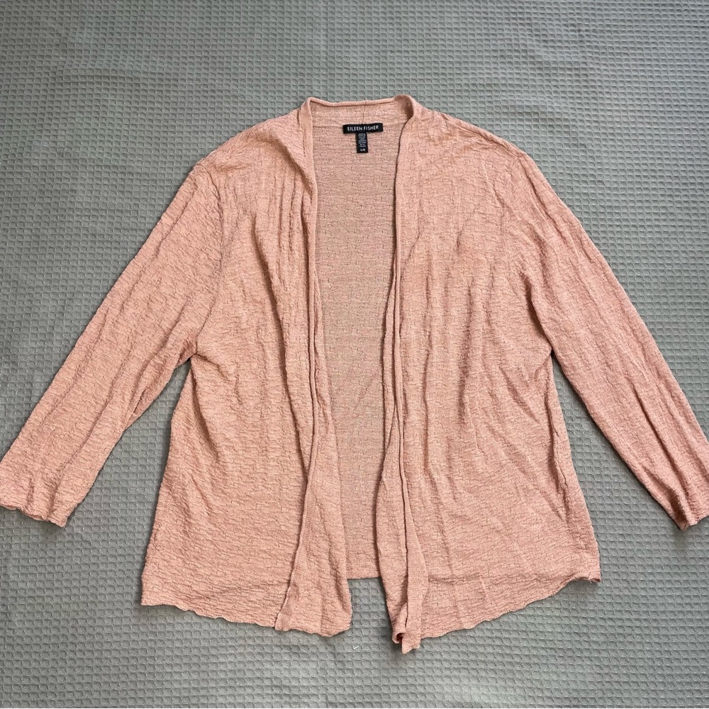 Eileen Fisher Linen Blend Gauze Cardigan Large Womens Open Front Textured